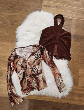 Vintage Brown Suede Halter Top and Rust Animal-Print Long Sleeve Top - Women